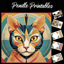Art Deco Puzzle Cat 7x7 Card Kit. Matching Box, Gift Bauble,Tag
