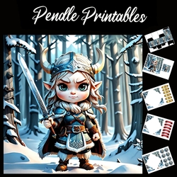 Chibi Style Cute Viking Elf 7x7 Card Kit. Matching Box, Gift Bauble,Tags