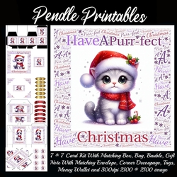 NEW* Word Art Border Card Have A Purr-fect Christmas Cat. 9 Piece 7x7 Complete Kit