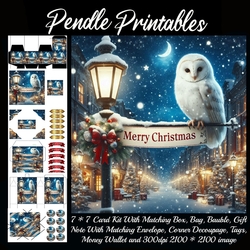 Merry Christmas Olde Time Scene Snowy Owl (4).  9 Piece 7x7 Complete Kit