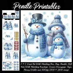 NEW STORY CARD. Smiling snowman family cuddles together as gentle snowflakes fall softly.