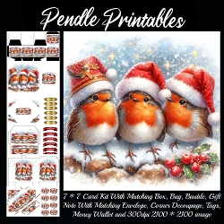 NEW STORY CARD. Festive robin trio chirps happily, Santa hats bobbing in snowy sparkle!