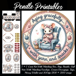 Aging gracefully with yarn and snacks. Gift bag, Money wallet, Tag, Bauble, Gift Card, Envelope. Large Image, Image without border.