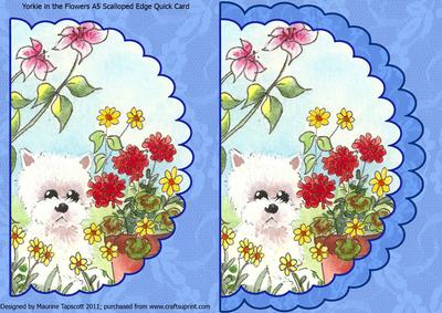 Yorkie in the Flowers A5 Scallop Edge Card