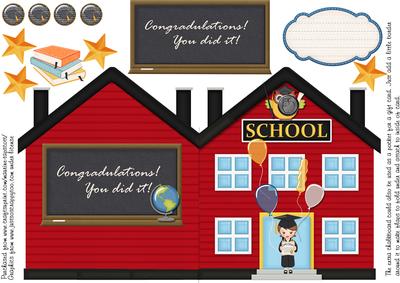 Schoolhouse-shaped Grad Card - Brown Hair Girl