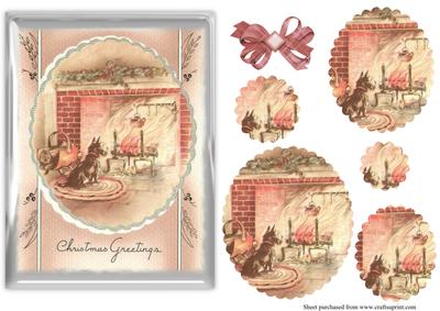 Vintage Scotty Dog Sitting by Fire Christmas Card Sheet