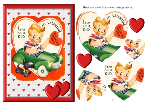 cute boy in car vintage retro valentines card with heart shaped pyramage