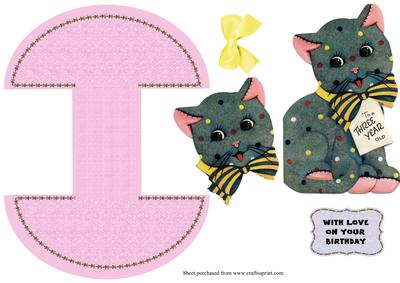 Vintage Felt Cat Birthday Rocker Card for a 3year Old