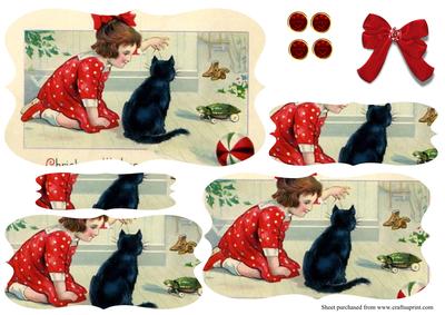 1920's Girl and Cat Christmas Card Bracket Pyramage