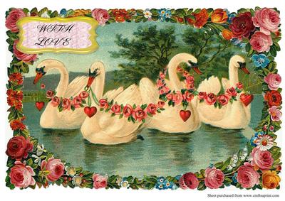 Vintage Swans with Hearts A4
