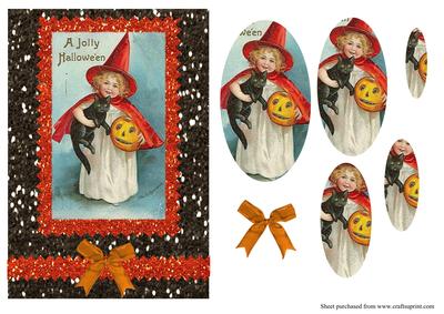 Vintage Halloween Girl with Cat Card Front