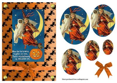 Vintage Owl and Witch Pyramage Card Sheet