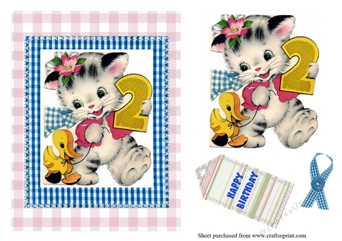 cute retro vintage kitty 2nd birthday  card front with decoupage