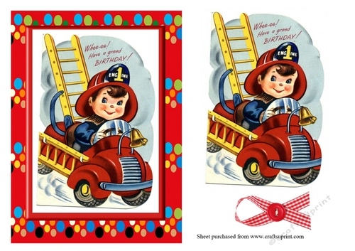 cute retro vintage fire engine and boy1st birthday  card front with decoupage