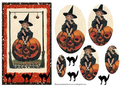 Vintage Girl with Pumpkin Halloween Card Front