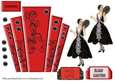 Art Deco Panels in Red with Elegant Lady with Fan