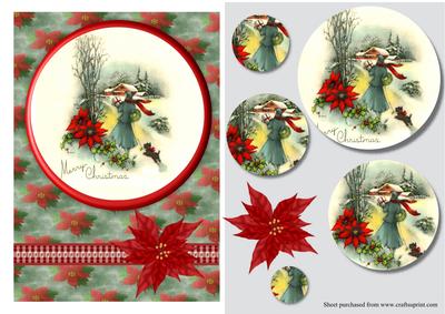 Vintage Lady in Snow with Poinsettias