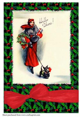 Art Deco Lady Walking Dog Christmas A4