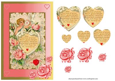 Vintage Valentine Angel and Pink Rose Card Front