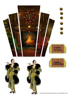 Christmas Art Deco Lady in Fur by Fireplace