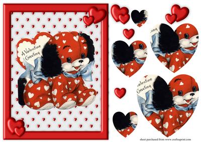 Cute Red Retro Calico Puppy Valentine Pyramid Card Front