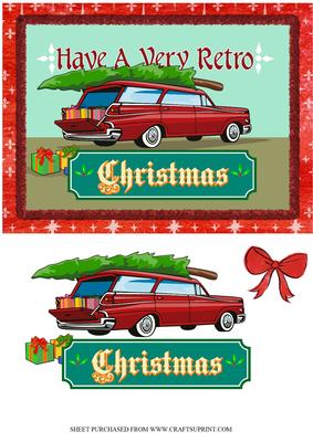 Retro Christmas Card Front with Station Wagon