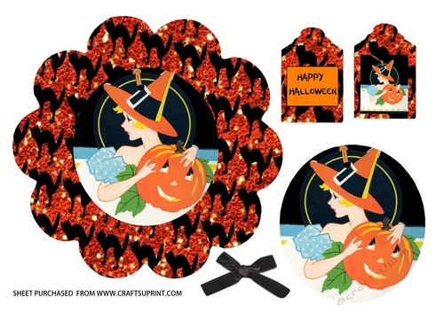  Halloween scalloped topper art deco image with matching tags
