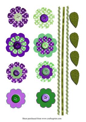 Purple and Green Stitched Flowers with Buttons Toppers