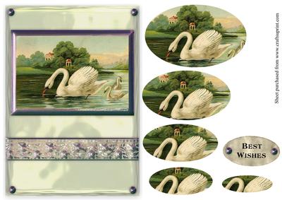 Vintage Swans Scene Card Front Glass Effect and Pyramage