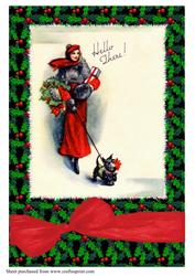 Art Deco Lady Walking Dog Christmas A4