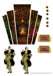 Christmas Art Deco Lady in Fur by Fireplace