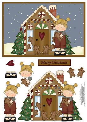 Cute Girl with Gingerbread House Decoupage Card Front