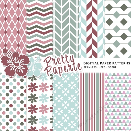Digital Seamless Patterns - Pale Blue, Sage Green, Ash Grey, Dusty Rose, Blush Pink and White Seamless Pattern - 12x12