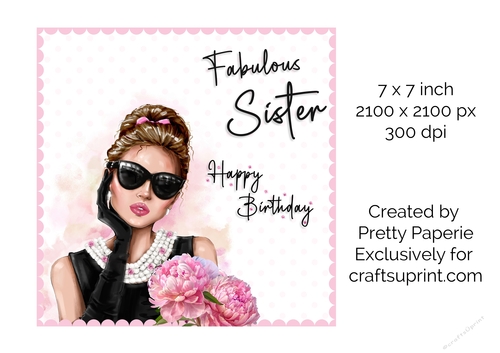 Card Topper - Beautiful Lady with Pink Bouquet Birthday Card