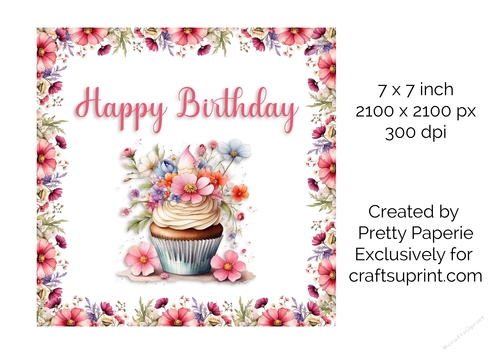 Card Topper - Floral Cupcake Birthday Card