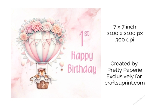 Card Topper - Girls Baby Animal in Floral Balloon 1st Birthday Card