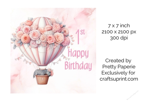 Card Topper - Girls Baby Animal in Floral Balloon 1st Birthday Card
