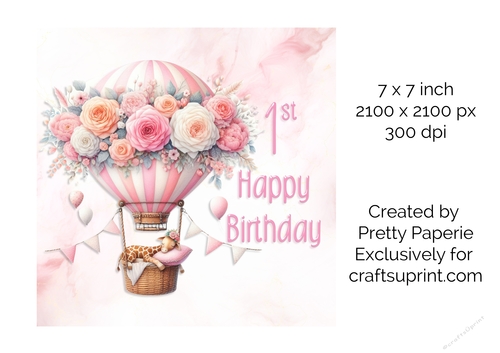 Card Topper - Girls Baby Animal in Floral Balloon 1st Birthday Card