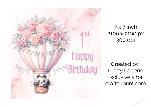 Card Topper - Girls Baby Animal in Floral Balloon 1st Birthday Card