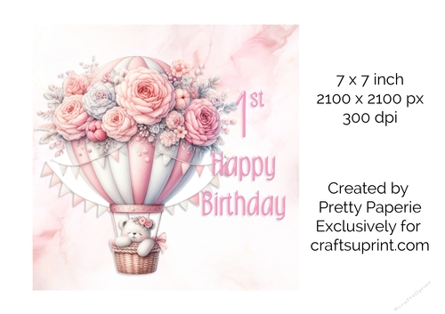 Card Topper - Girls Baby Animal in Floral Balloon 1st Birthday Card