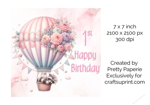 Card Topper - Girls Baby Animal in Floral Balloon 1st Birthday Card