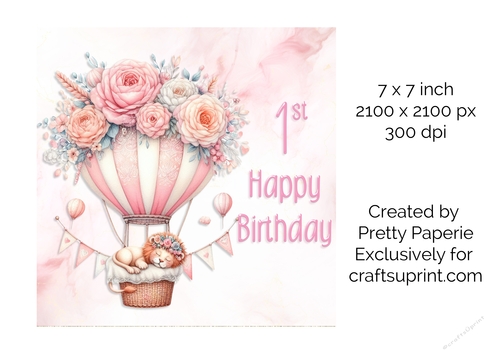 Card Topper - Girls Baby Animal in Floral Balloon 1st Birthday Card