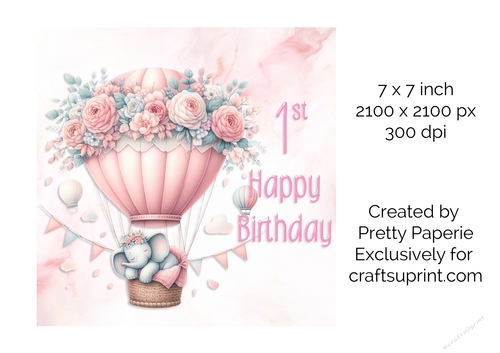 Card Topper - Girls Baby Animal in Floral Balloon 1st Birthday Card