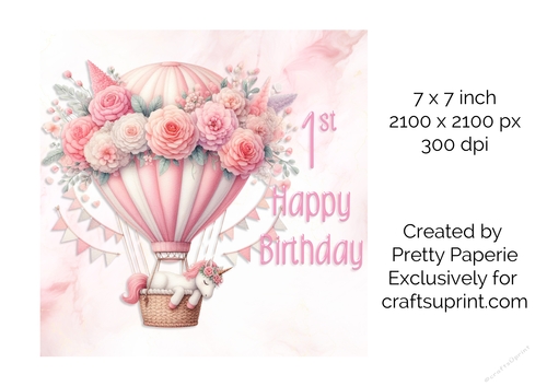 Card Topper - Girls Baby Animal in Floral Balloon 1st Birthday Card