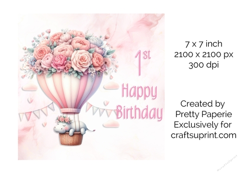 Card Topper - Girls Baby Animal in Floral Balloon 1st Birthday Card