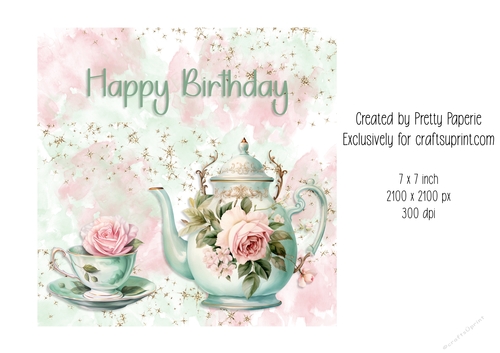 Card Topper - Vintage Floral Teacup & Teapot Birthday Day