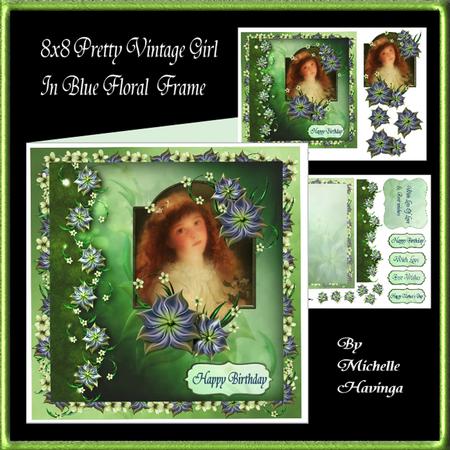 8x8 Pretty Vintage Girl in Blue Floral Frame