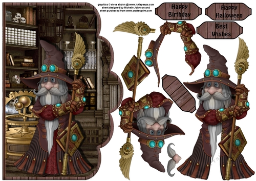 Steampunk Wizard Birthday Or Halloween Scallope Curve Card