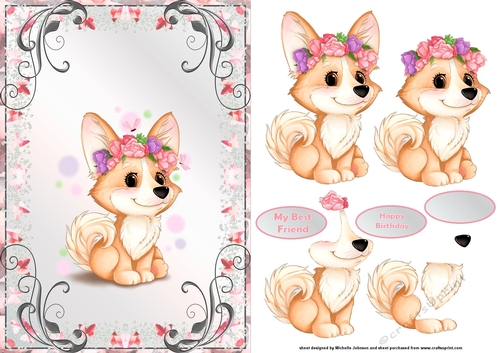 Cute Corgi Pink Flowers Card Front