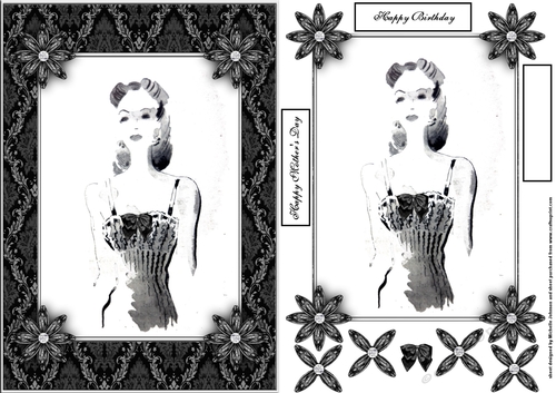 Aged Look Retro Vintage Black & White Ladies A5 Card 1 Front with Decoupage